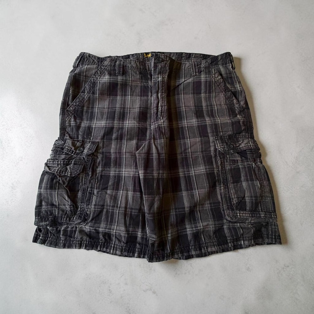 Lee Mens Black Grey Plaid Cargo Shorts Size 40 Cotton Multi Pocket Relaxed Fit